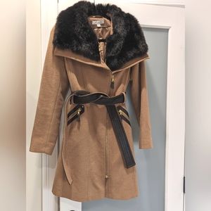 VIA SPIGA Camel Brown Wool Trench Coat Jacket Faux Fur Collar